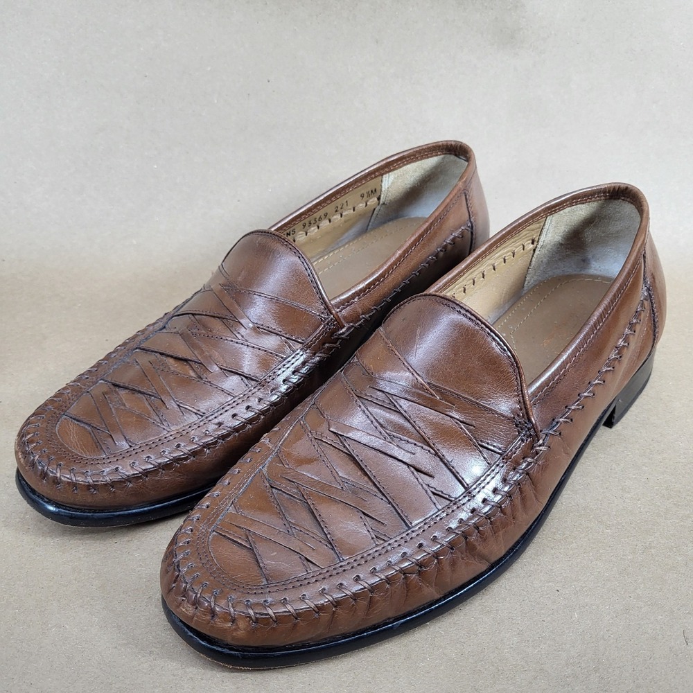 Brass Boot (Sz 9.5 M) Brown Leather Woven Loafers Slip on Shoes Men's